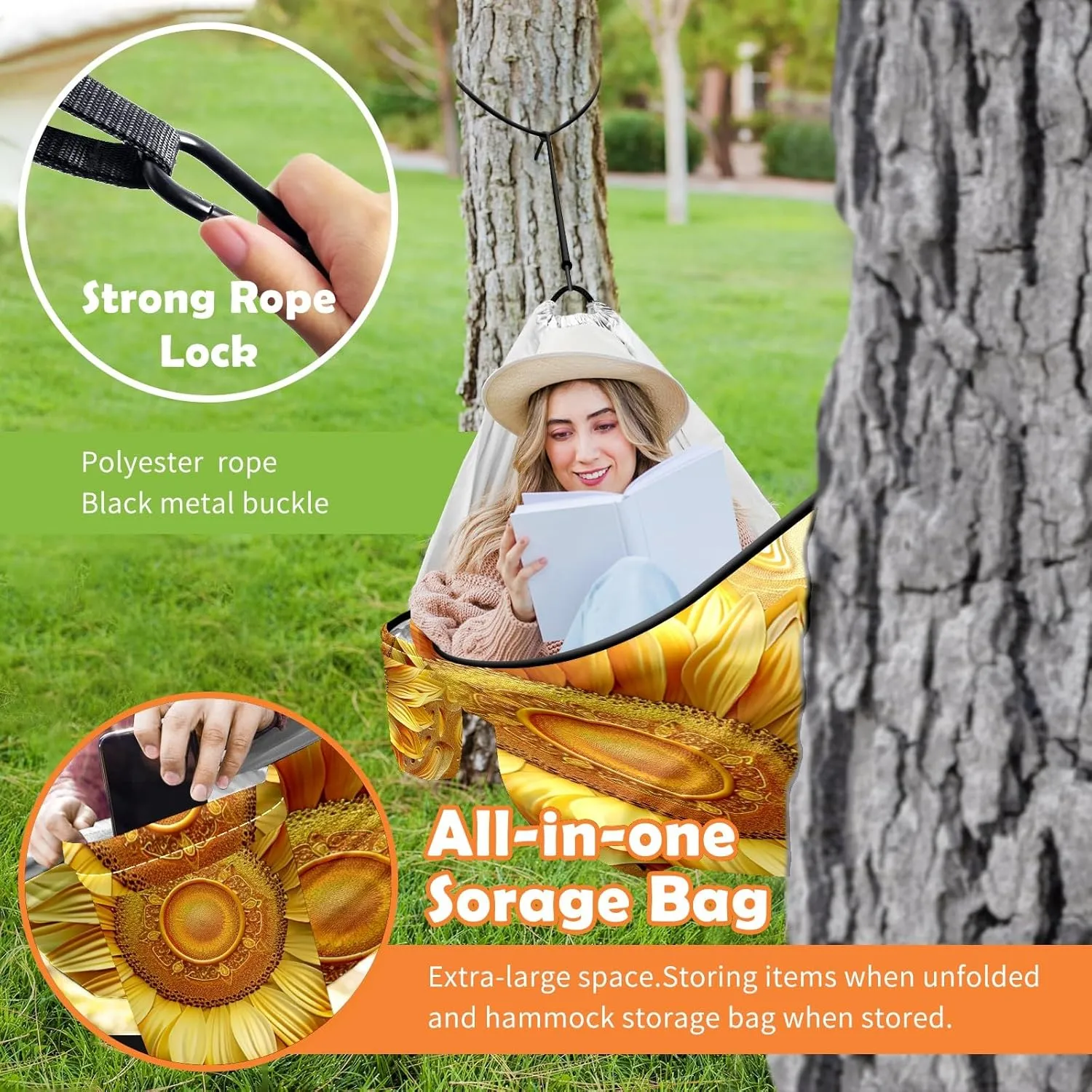 Camping Hammock Double & Single Portable Hammocks with 2 Tree Straps, Great for Hiking,Backpacking,Hunting,Outdoor,Beach,Camping, Sunflower (49)