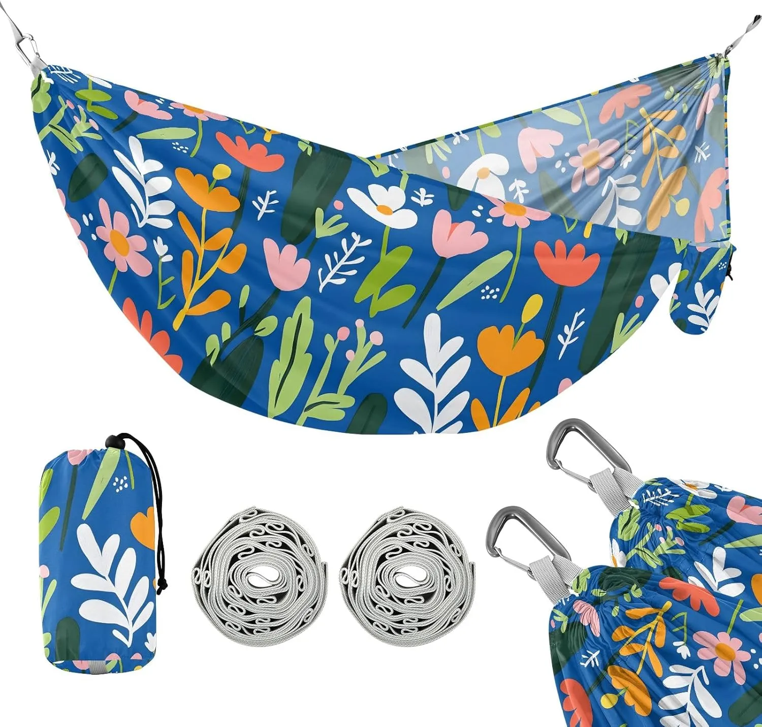 Camping Hammock Outdoor Hammocks for Outside Abstract Flowers Blue Beach Trees Portable Lightweight with Pockets Tree Straps Indoor