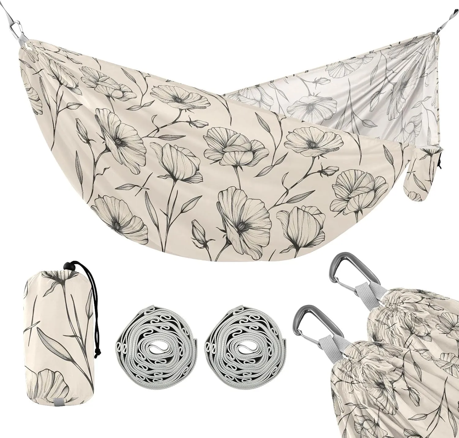 Camping Hammock Outdoor Hammocks for Outside Beige Floral Beach Trees Portable Lightweight with Pockets Tree Straps Indoor Small
