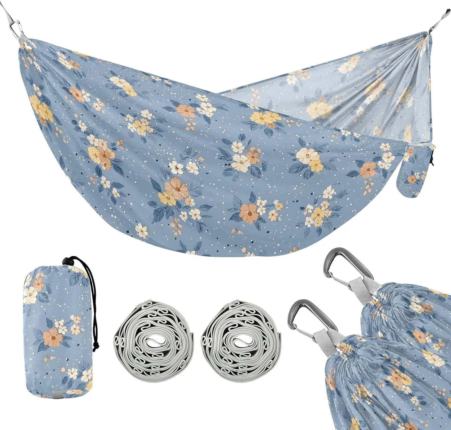 Camping Hammock Outdoor Hammocks for Outside Blue Background Floral Beach Trees Portable Lightweight with Pockets Tree Straps Indoor