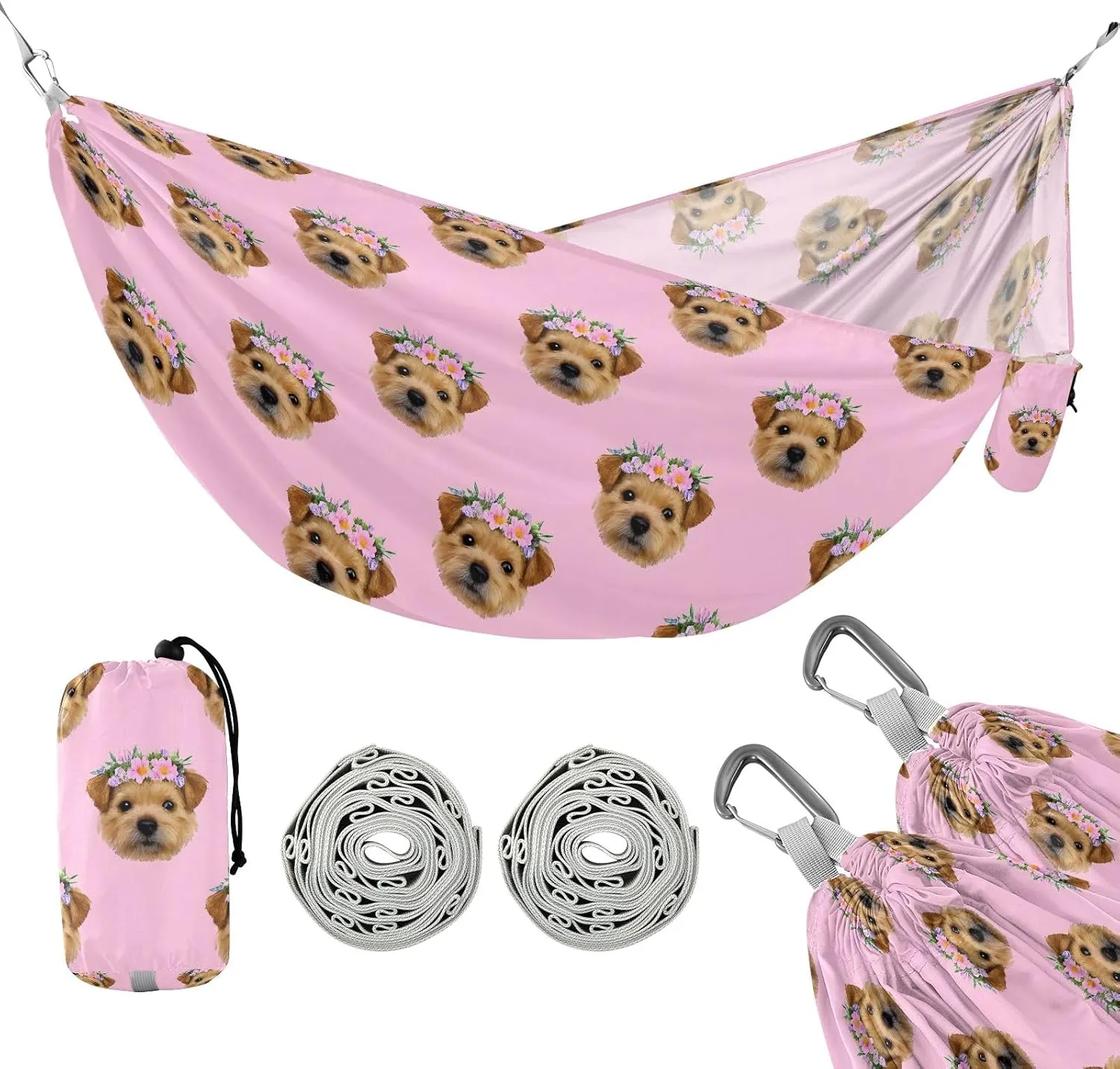 Camping Hammock Outdoor Hammocks for Outside Dog Wearing Flowers Beach Trees Portable Lightweight with Pockets Tree Straps Indoor