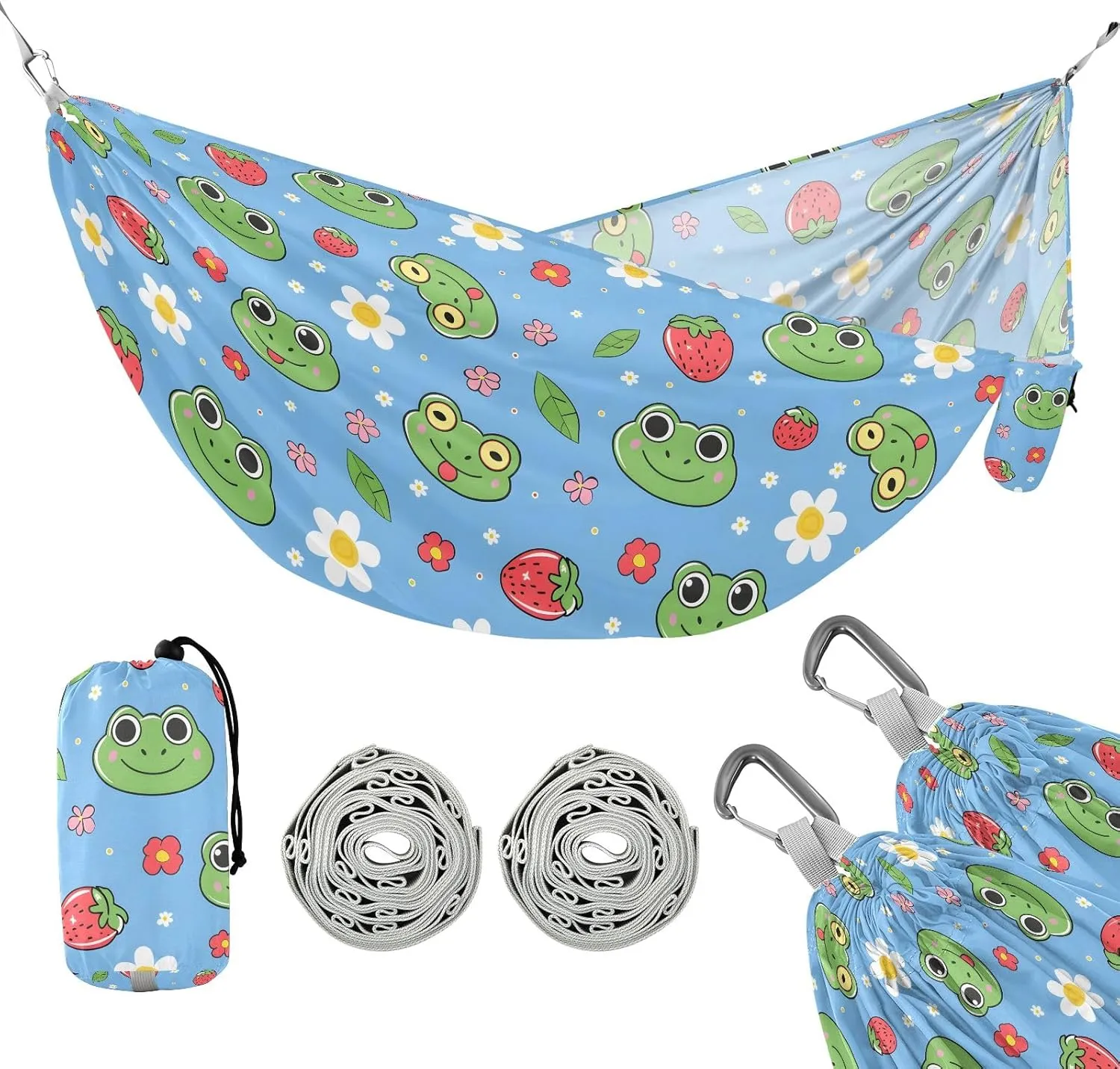 Camping Hammock Outdoor Hammocks for Outside Frog Cartoon Blue Beach Trees Portable Lightweight with Pockets Tree Straps Indoor