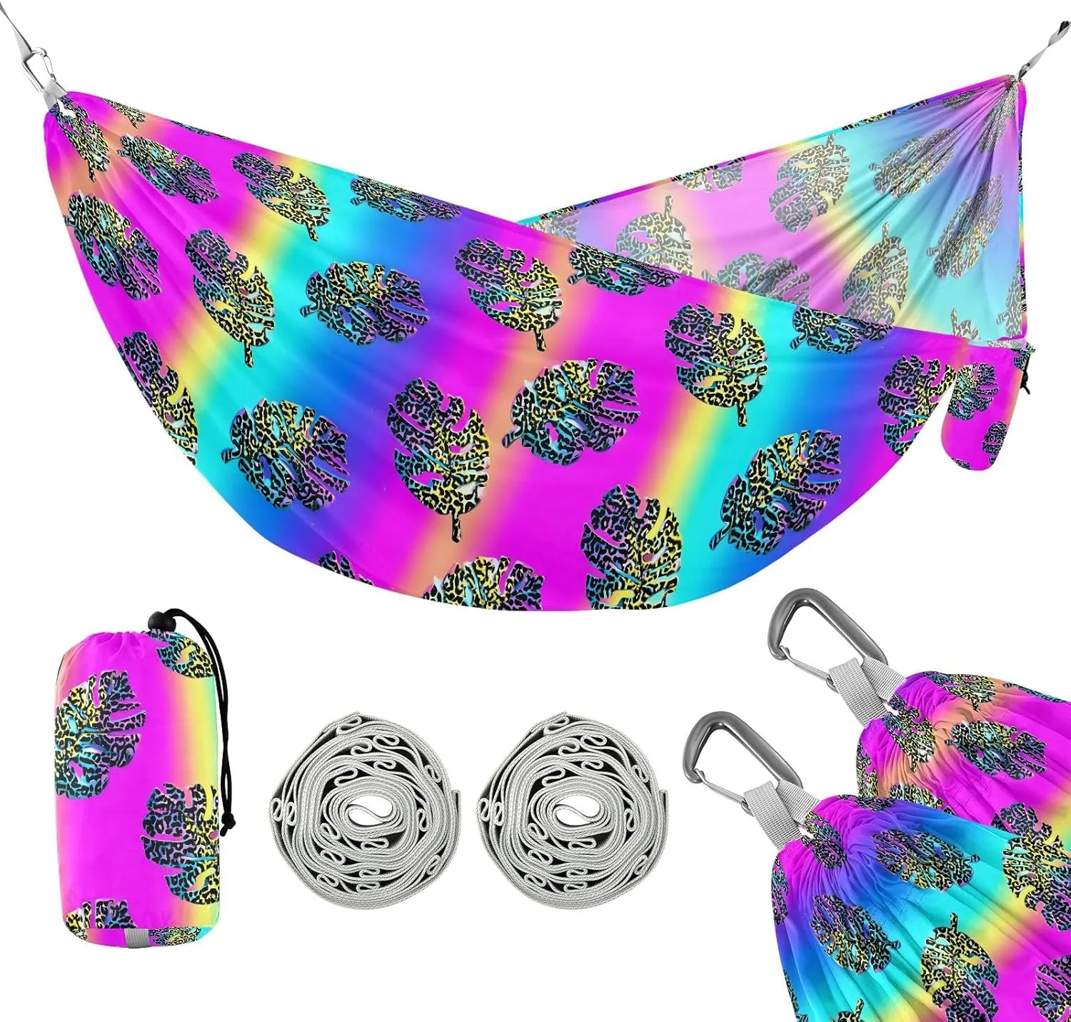Camping Hammock Outdoor Hammocks for Outside Leopard Monstera Leaf Beach Trees Portable Lightweight with Pockets Tree Straps Indoor Small