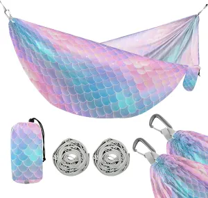 Camping Hammock Outdoor Hammocks for Outside Mermaid Scales Rainbow Beach Trees Portable Lightweight with Pockets Tree Straps Indoor