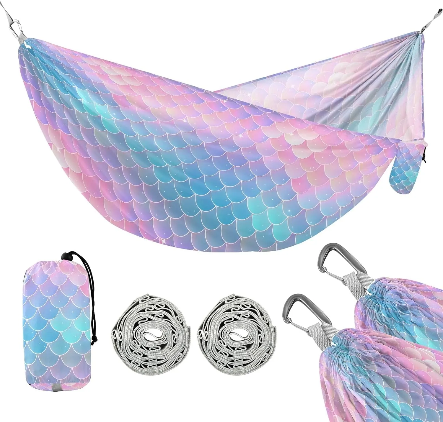 Camping Hammock Outdoor Hammocks for Outside Mermaid Scales Rainbow Beach Trees Portable Lightweight with Pockets Tree Straps Indoor