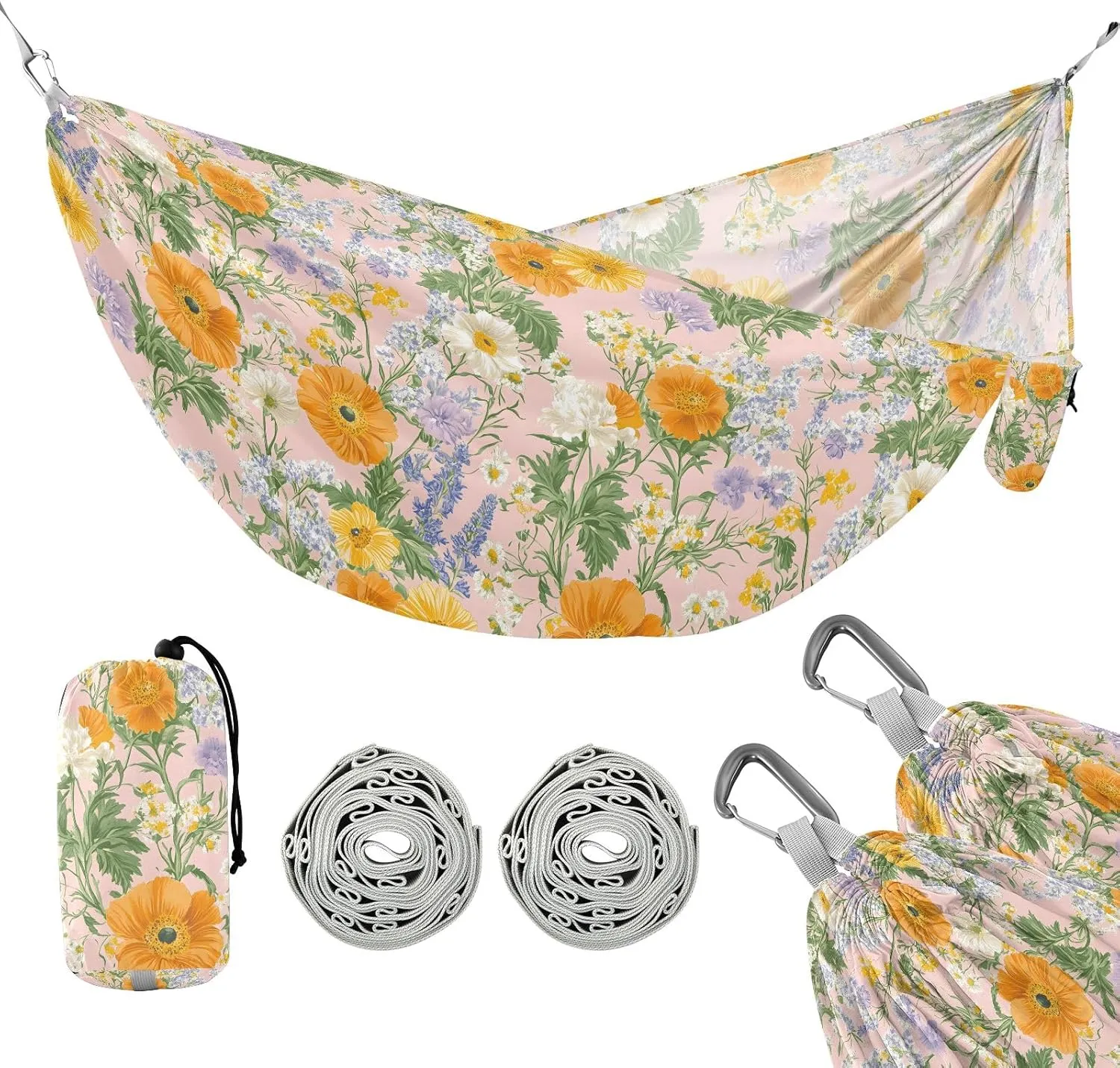 Camping Hammock Outdoor Hammocks for Outside Orange Floral Flower Beach Trees Portable Lightweight with Pockets Tree Straps Indoor