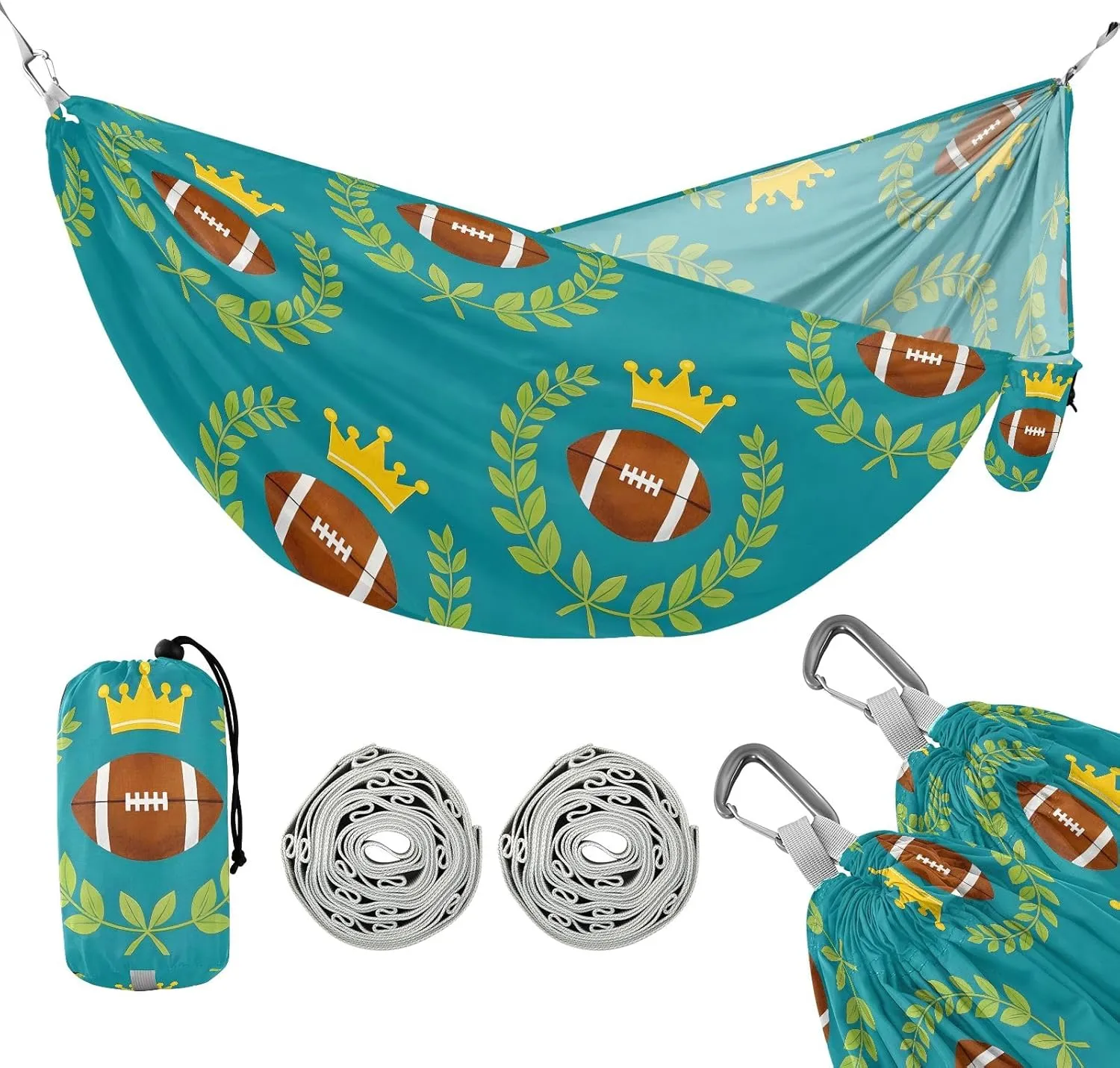 Camping Hammock Outdoor Hammocks for Outside Rugby Football Crown Beach Trees Portable Lightweight with Pockets Tree Straps Indoor Small