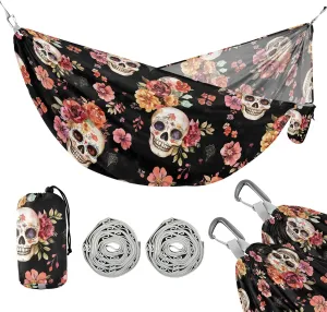 Camping Hammock Outdoor Hammocks for Outside Skull Flower Black Beach Trees Portable Lightweight with Pockets Tree Straps Indoor Small