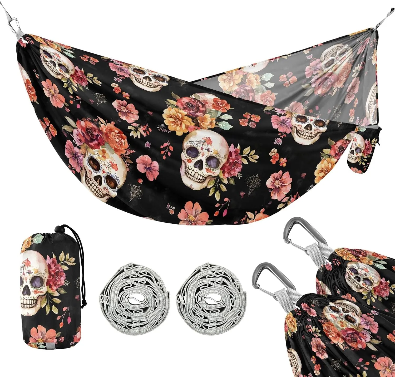 Camping Hammock Outdoor Hammocks for Outside Skull Flower Black Beach Trees Portable Lightweight with Pockets Tree Straps Indoor Small