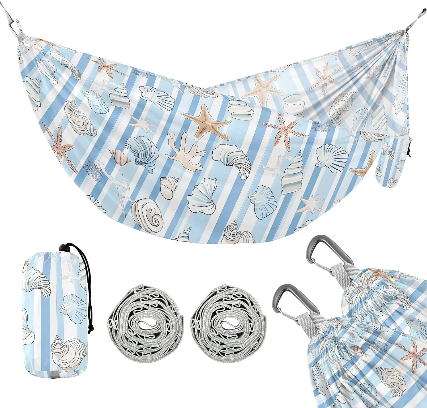 Camping Hammock Outdoor Hammocks for Outside Starfish Shell Stripe Beach Trees Portable Lightweight with Pockets Tree Straps Indoor