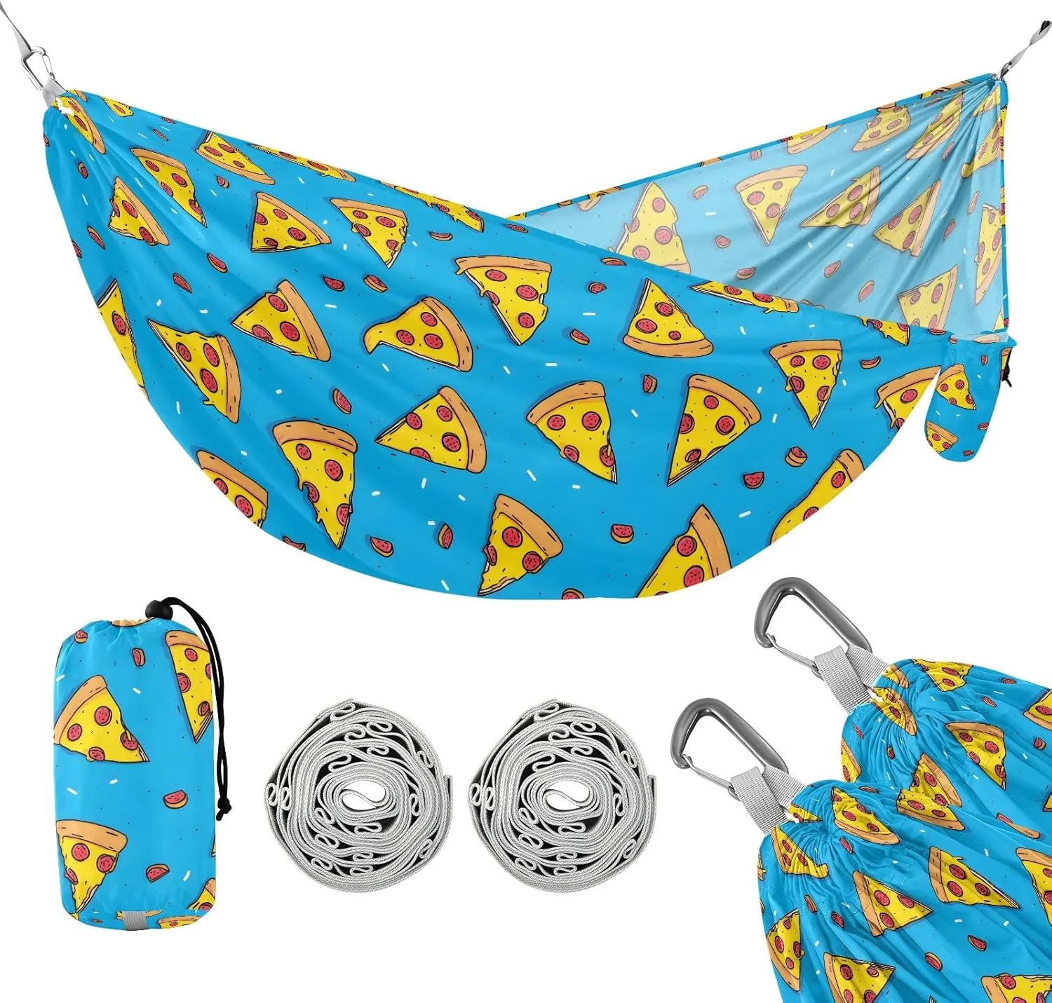 Camping Hammock Outdoor Hammocks for Outside Yellow Pizza Blue Beach Trees Portable Lightweight with Pockets Tree Straps Indoor
