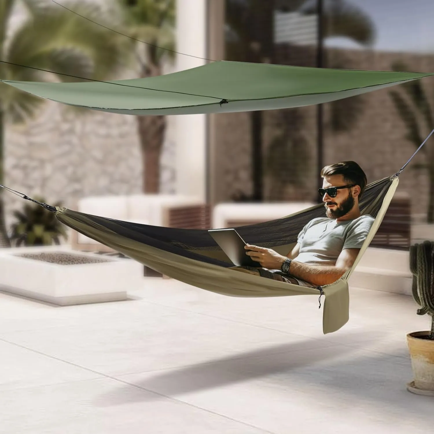 Camping Hammock, Portable Hammock with Net Tent and Rain Fly Tarp, 440.9 lbs Load-Bearing Capacity, for Indoor Outdoor Hiking Survival Travel (Army Green)