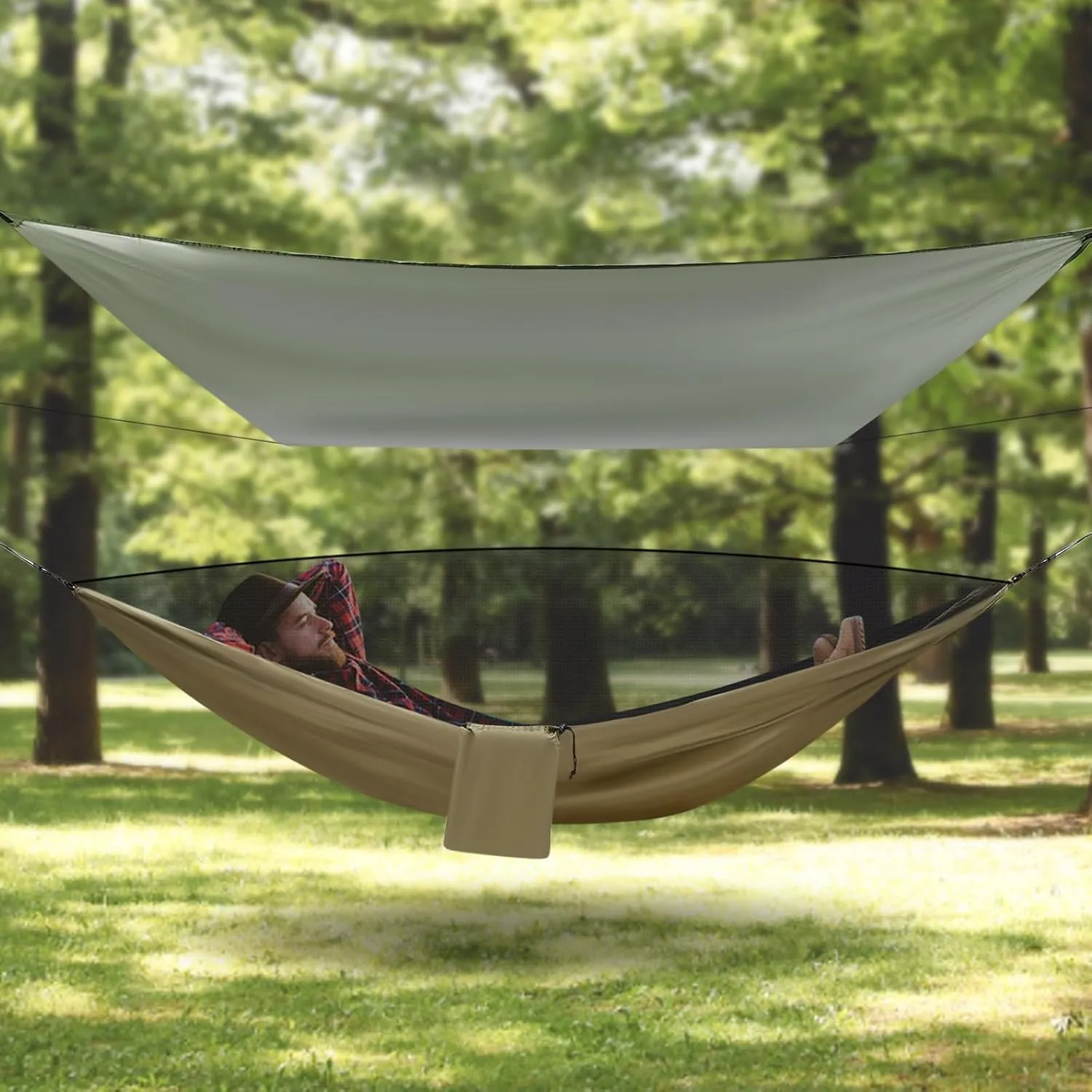Camping Hammock, Portable Hammock with Net Tent and Rain Fly Tarp, 440.9 lbs Load-Bearing Capacity, for Indoor Outdoor Hiking Survival Travel (Army Green)