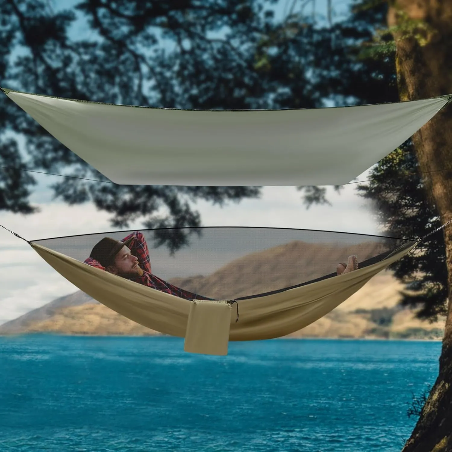 Camping Hammock, Portable Hammock with Net Tent and Rain Fly Tarp, 440.9 lbs Load-Bearing Capacity, for Indoor Outdoor Hiking Survival Travel (Army Green)