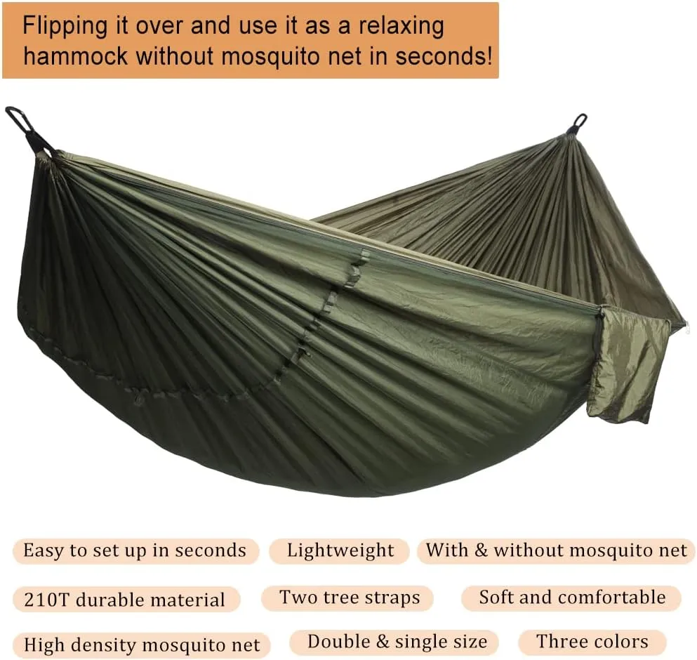 Camping Hammock with Mosquito Net, Double & Single Lightweight Portable Hammocks with Tree Straps, Parachute Hammock for Camping, Backpacking