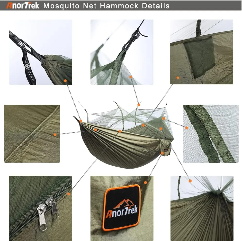 Camping Hammock with Mosquito Net, Double & Single Lightweight Portable Hammocks with Tree Straps, Parachute Hammock for Camping, Backpacking