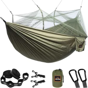 Camping Hammock with Mosquito Net, Double & Single Lightweight Portable Hammocks with Tree Straps, Parachute Hammock for Camping, Backpacking