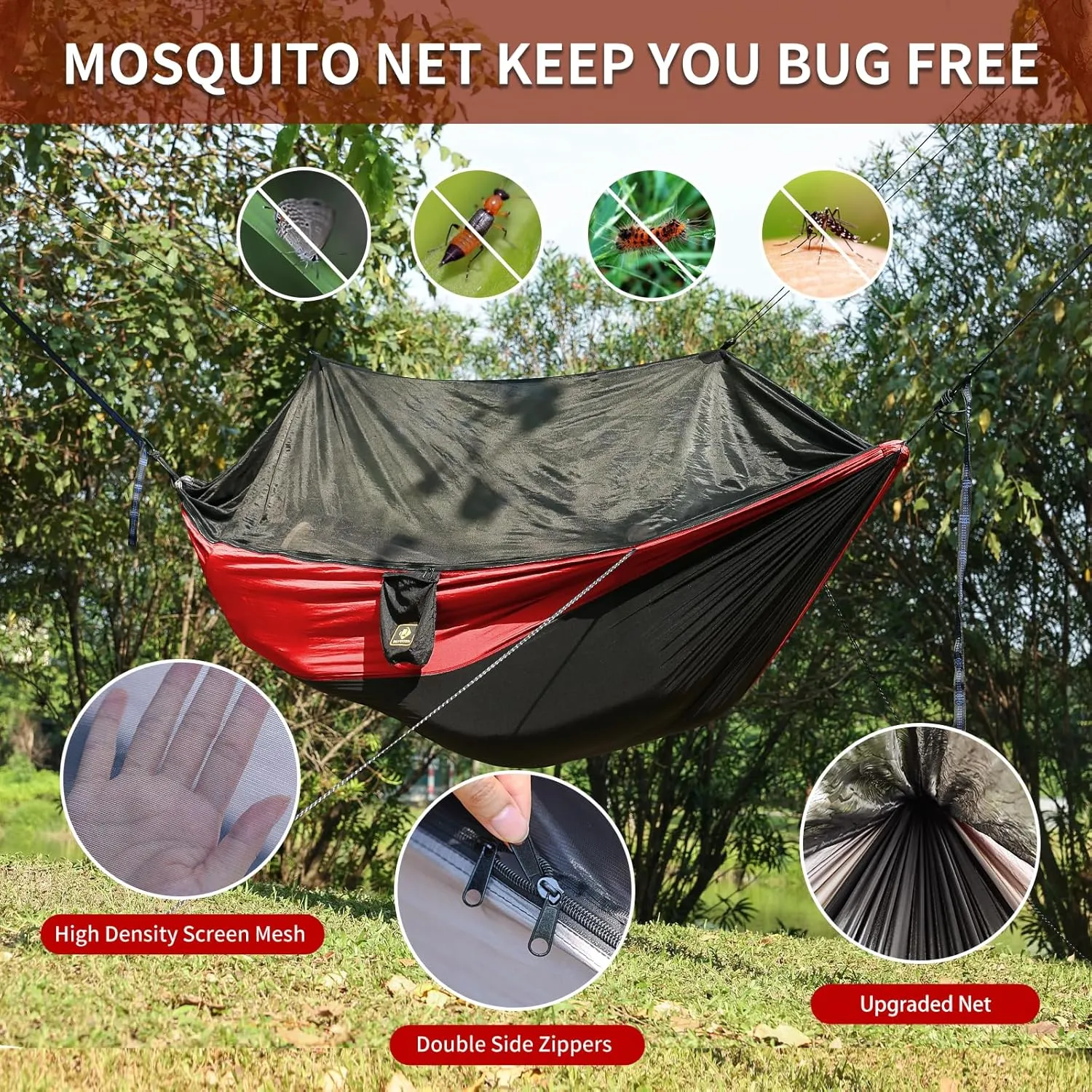 Camping Hammock with Net,Portable Lightweight Double Hammocks with Tree Straps and Solid D-Shape Carabiners,Parachute Nylon Hammock for Backpacking Beach Backyard Patio Hiking Black&Red
