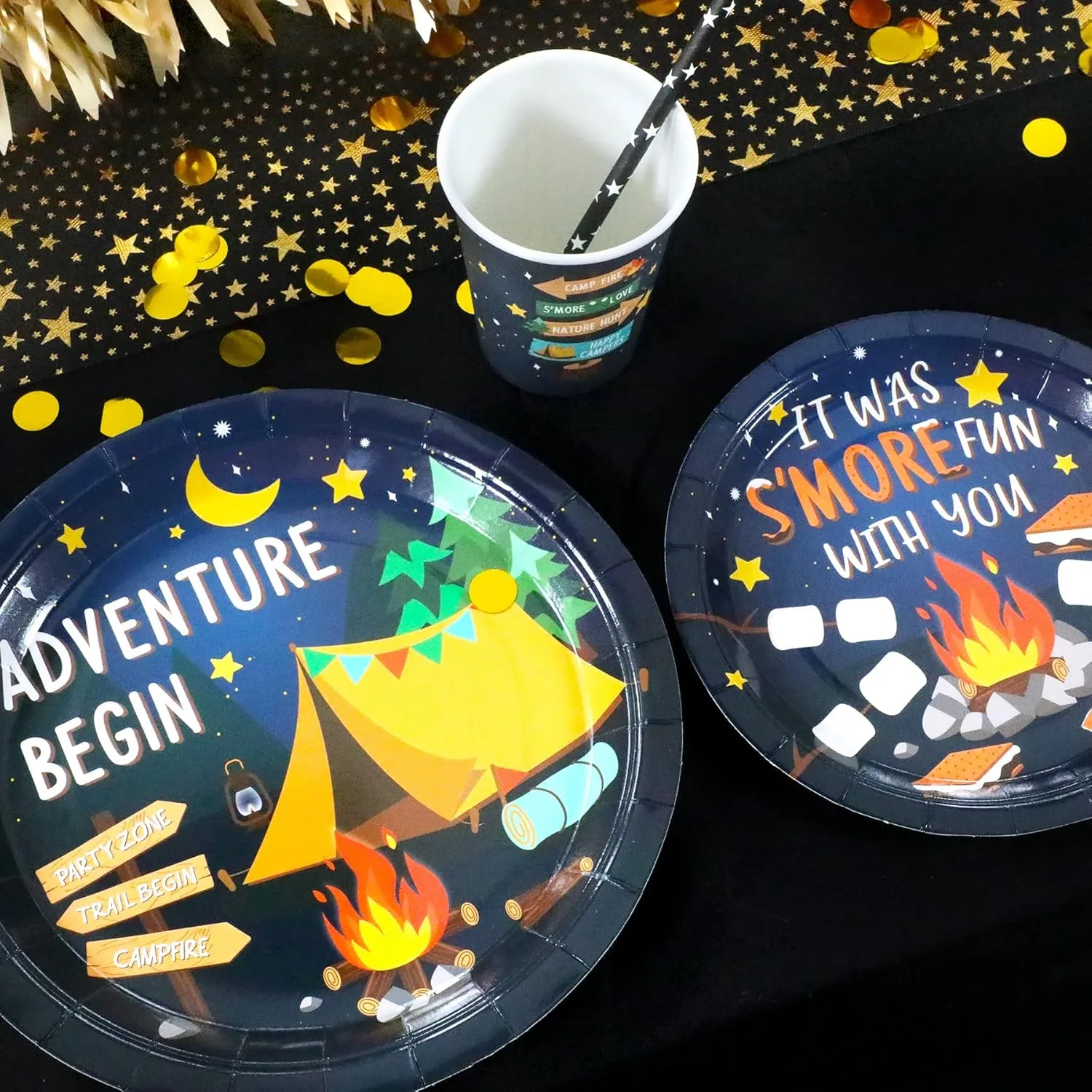 Camping Party Supplies Decorations, Campfire Hiking Camper Theme Birthday Paper Plates and Napkins Set with Cups and Straws for 24 Guests, 120 Pcs Disposable Party Snack Dinnerwares