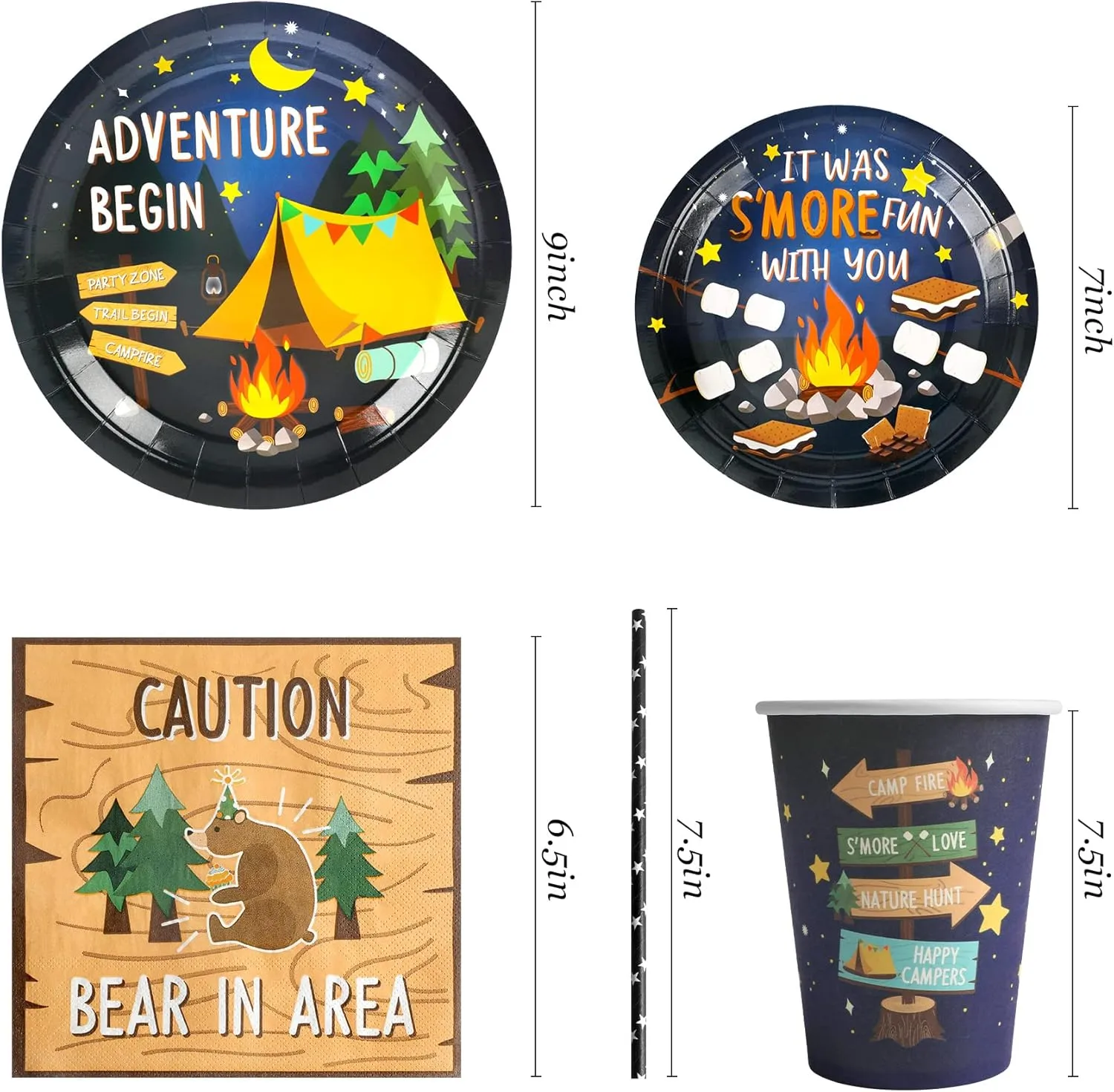 Camping Party Supplies Decorations, Campfire Hiking Camper Theme Birthday Paper Plates and Napkins Set with Cups and Straws for 24 Guests, 120 Pcs Disposable Party Snack Dinnerwares