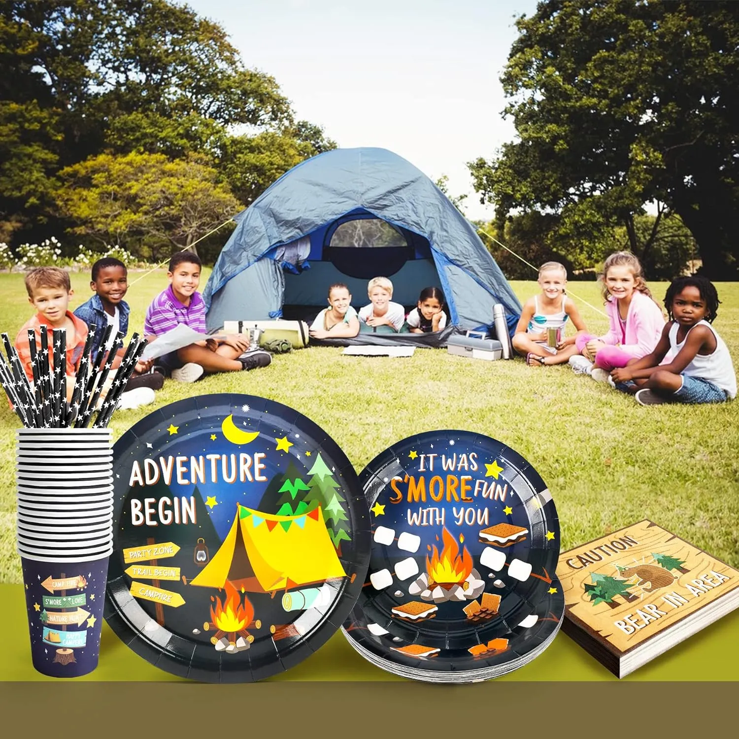 Camping Party Supplies Decorations, Campfire Hiking Camper Theme Birthday Paper Plates and Napkins Set with Cups and Straws for 24 Guests, 120 Pcs Disposable Party Snack Dinnerwares