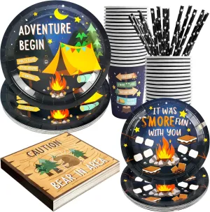 Camping Party Supplies Decorations, Campfire Hiking Camper Theme Birthday Paper Plates and Napkins Set with Cups and Straws for 24 Guests, 120 Pcs Disposable Party Snack Dinnerwares