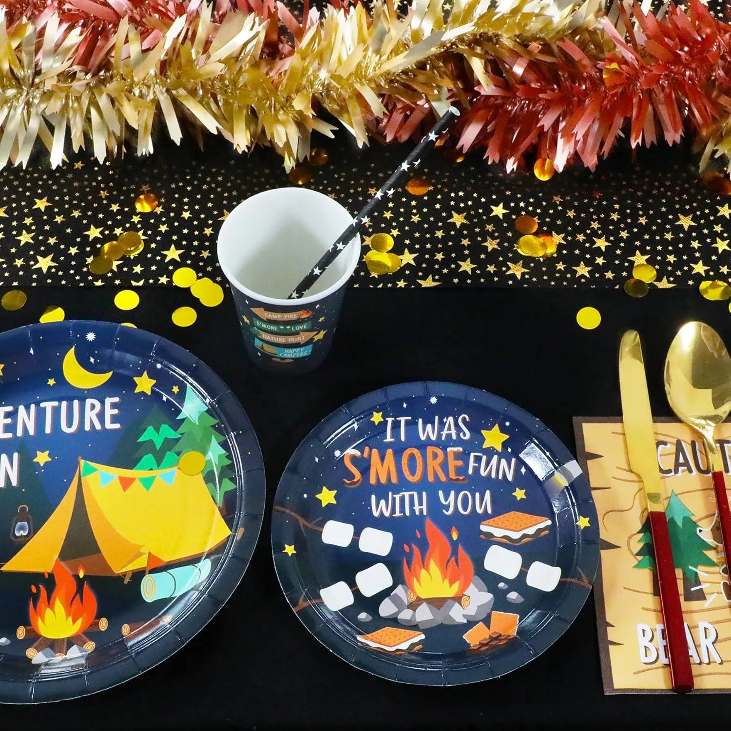 Camping Party Supplies Decorations, Campfire Hiking Camper Theme Birthday Paper Plates and Napkins Set with Cups and Straws for 24 Guests, 120 Pcs Disposable Party Snack Dinnerwares