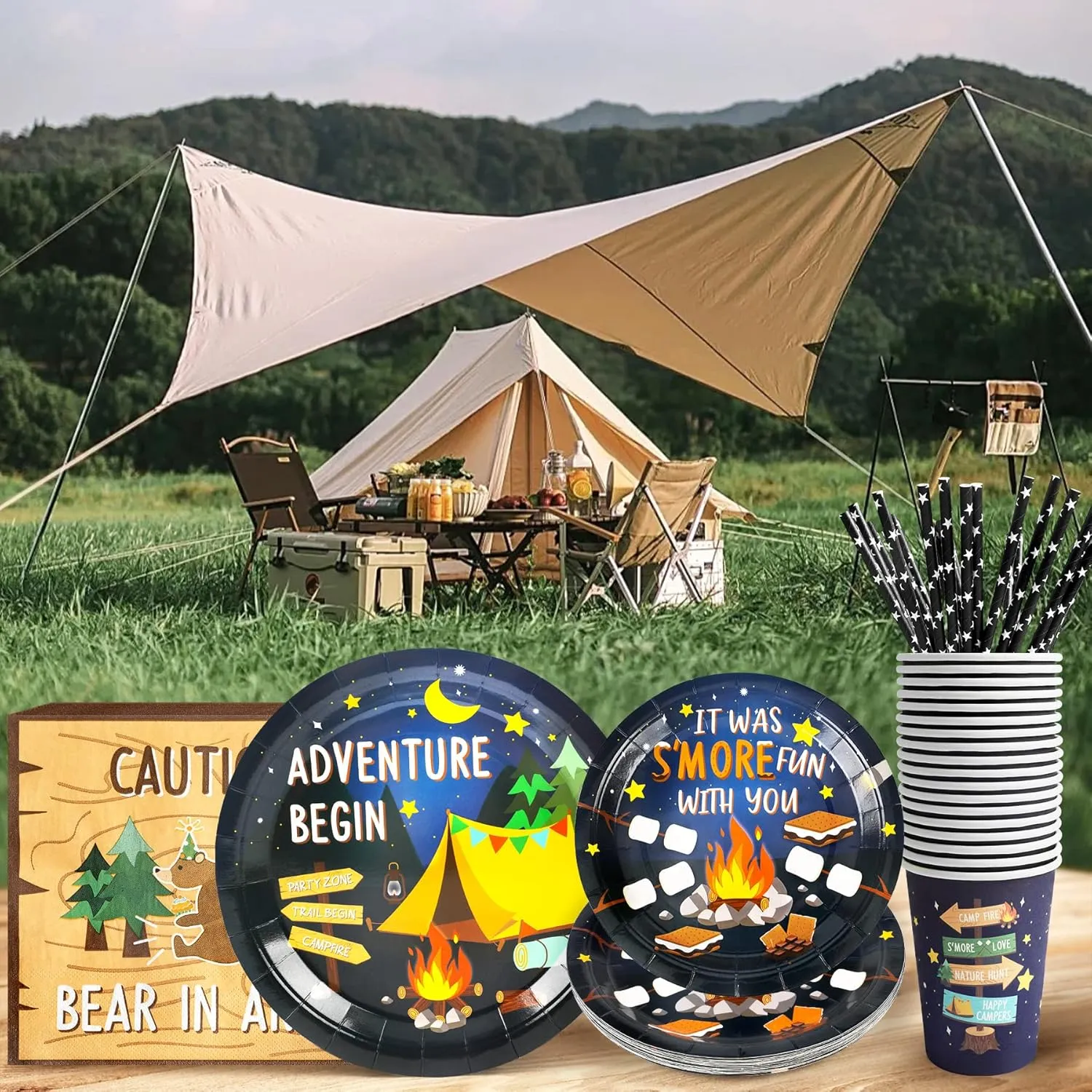 Camping Party Supplies Decorations, Campfire Hiking Camper Theme Birthday Paper Plates and Napkins Set with Cups and Straws for 24 Guests, 120 Pcs Disposable Party Snack Dinnerwares