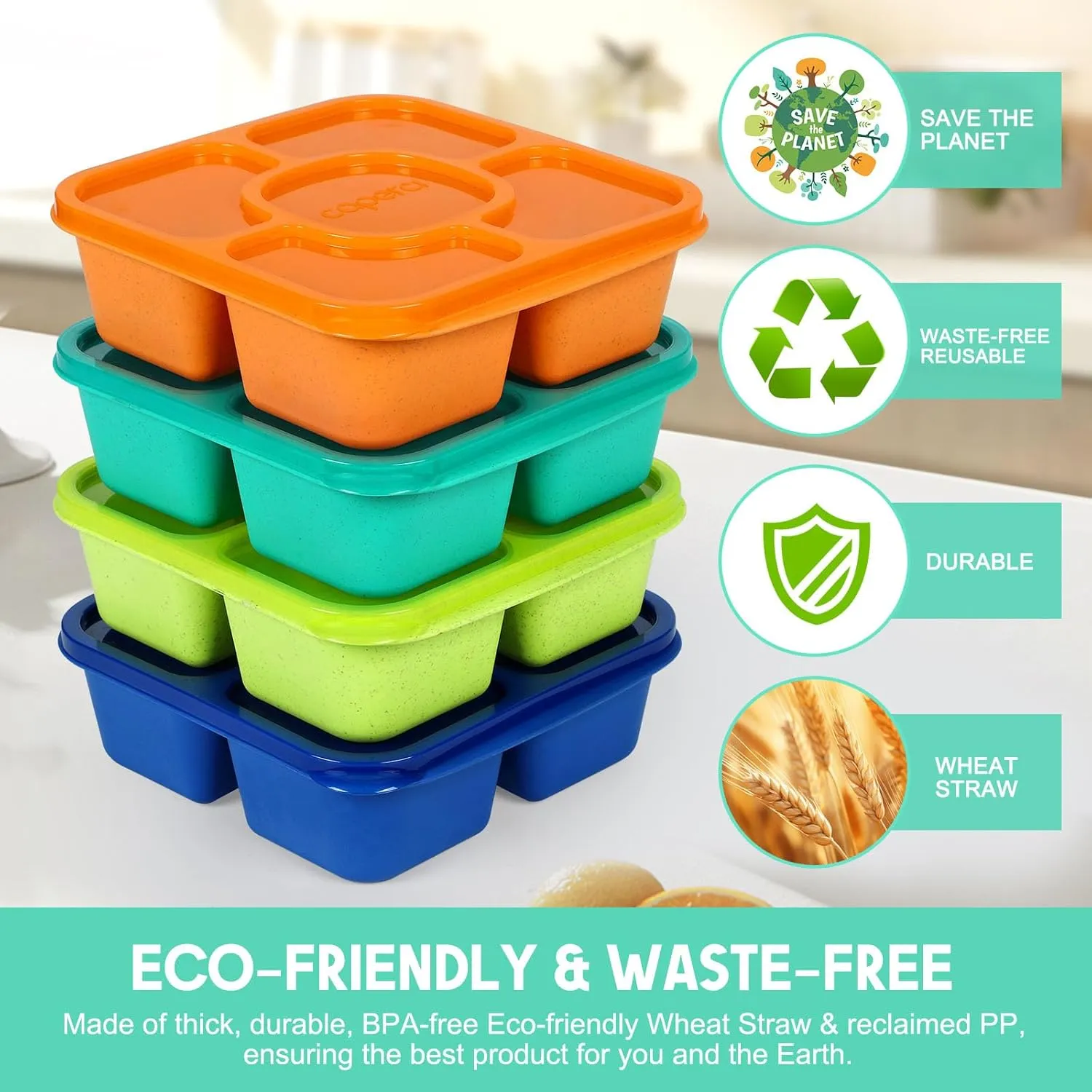 Caperci Original Lunchable Snack Containers for Kids & Adults - 5 Compartments Bento Snack Boxes with 4 Leakproof Small Containers, Wheat Straw, BPA-Free, Set of 4 (Jewel Brights)