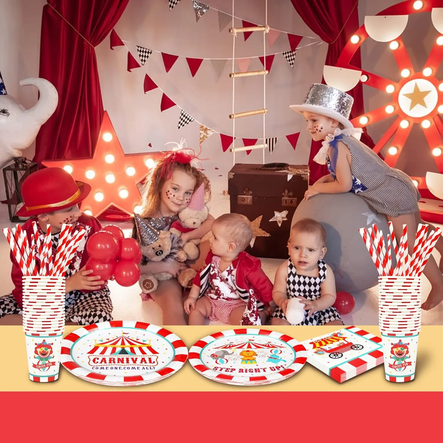 Carnival Party Supplies Decorations, Circus Theme Birthday Paper Plates and Napkins Set with Cups and Straws for 24 Guests, 120 Pcs Disposable Party Dessert Dinnerwares