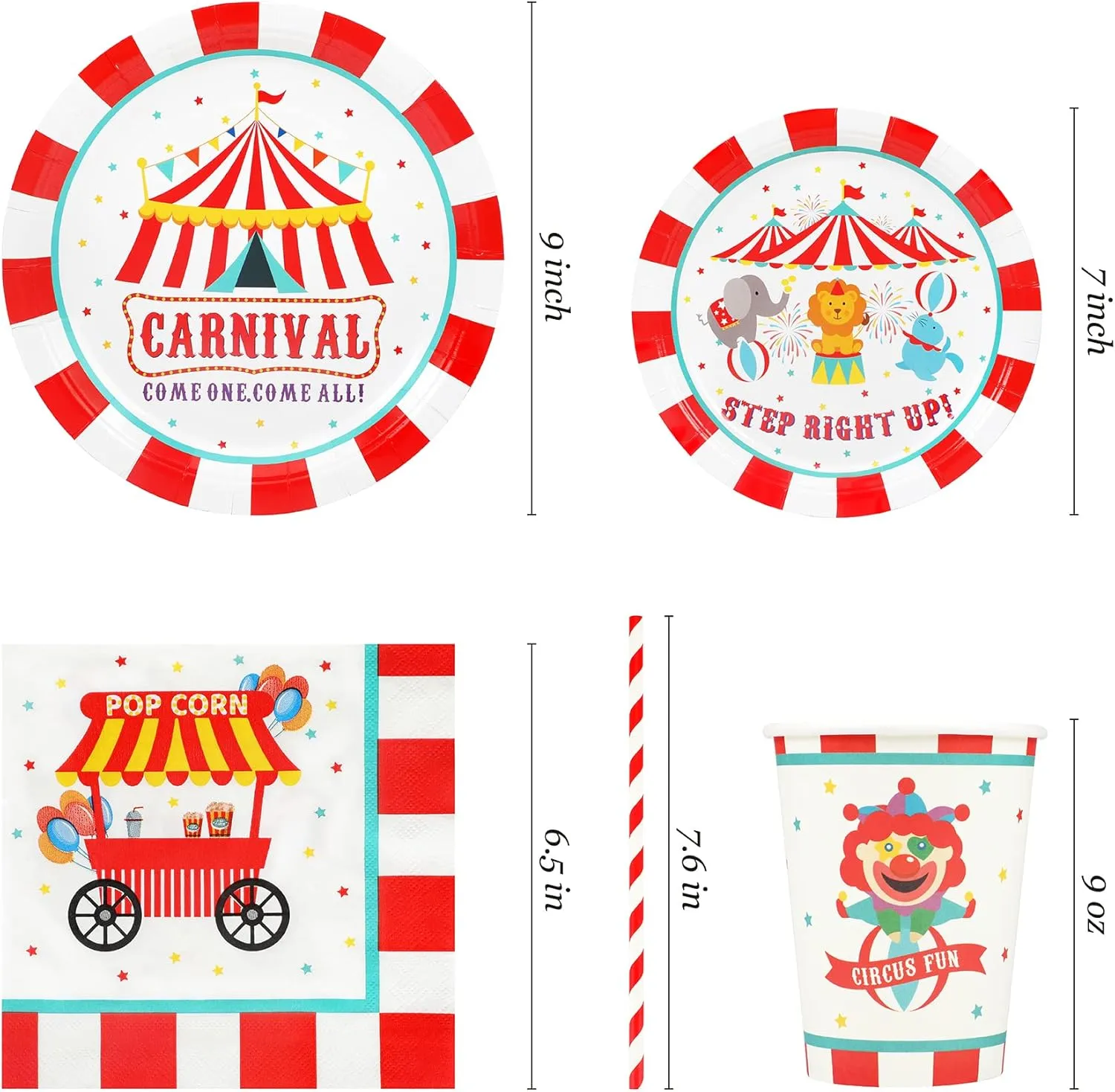 Carnival Party Supplies Decorations, Circus Theme Birthday Paper Plates and Napkins Set with Cups and Straws for 24 Guests, 120 Pcs Disposable Party Dessert Dinnerwares