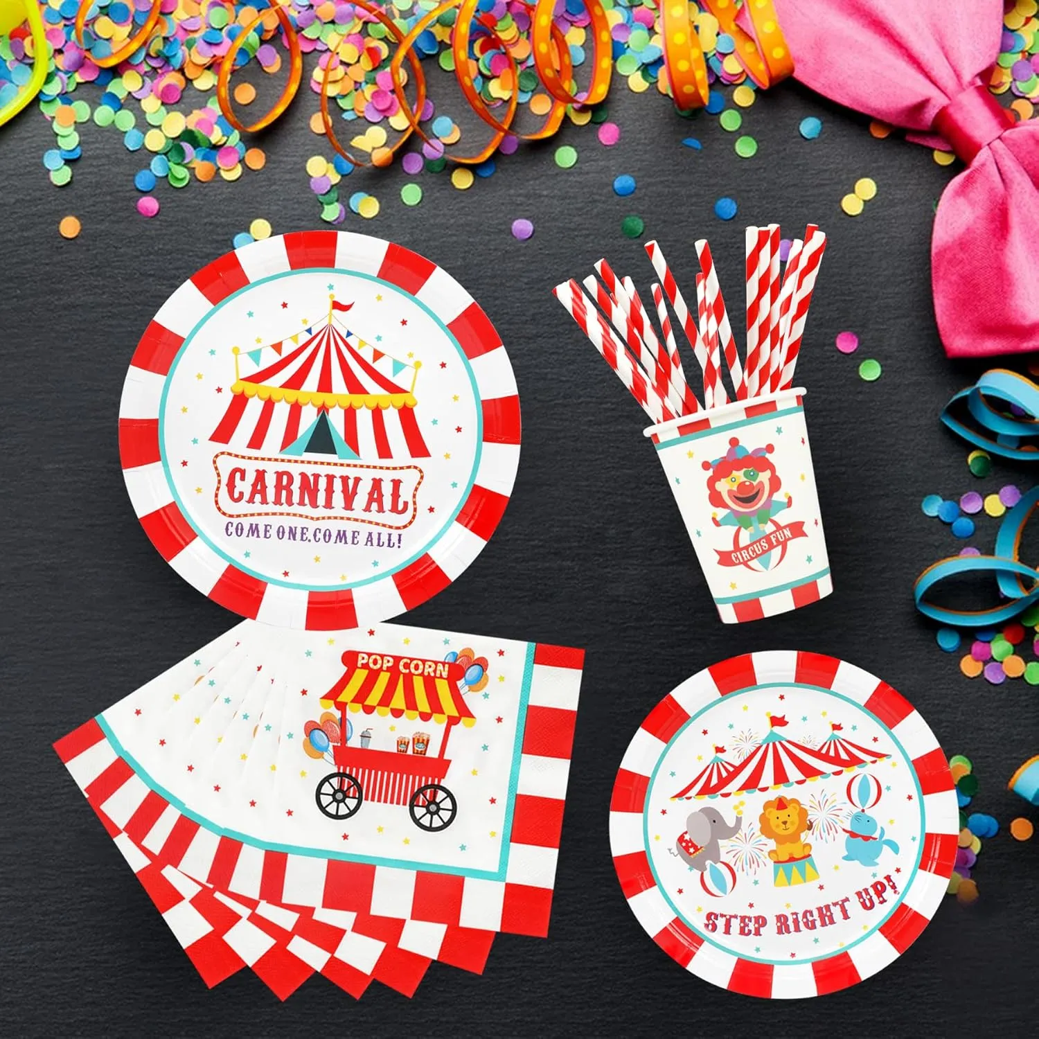 Carnival Party Supplies Decorations, Circus Theme Birthday Paper Plates and Napkins Set with Cups and Straws for 24 Guests, 120 Pcs Disposable Party Dessert Dinnerwares