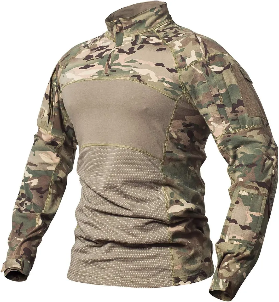 CARWORNIC Gear Men's Tactical Military Combat Shirt Cotton Stretch Army Camo Long Sleeve T Shirt with 1/4 Zip
