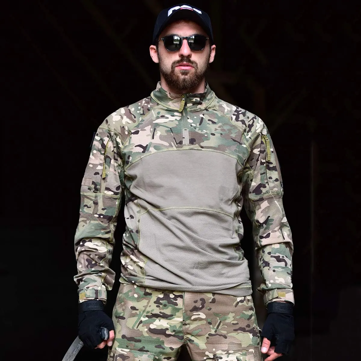 CARWORNIC Gear Men's Tactical Military Combat Shirt Cotton Stretch Army Camo Long Sleeve T Shirt with 1/4 Zip