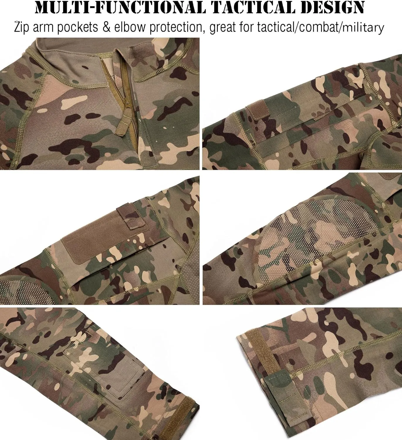 CARWORNIC Gear Men's Tactical Military Combat Shirt Cotton Stretch Army Camo Long Sleeve T Shirt with 1/4 Zip