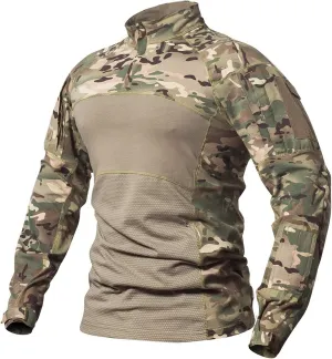 CARWORNIC Gear Men's Tactical Military Combat Shirt Cotton Stretch Army Camo Long Sleeve T Shirt with 1/4 Zip