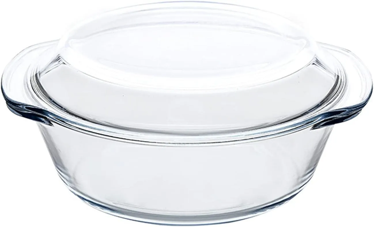 Casserole Baking Dish with 2 pcs, 1 QT large,Round with Handle and Lid, Tempered Glass, Oven Microwave Dishwasher freezer safe,Cookware Bowl,Clear