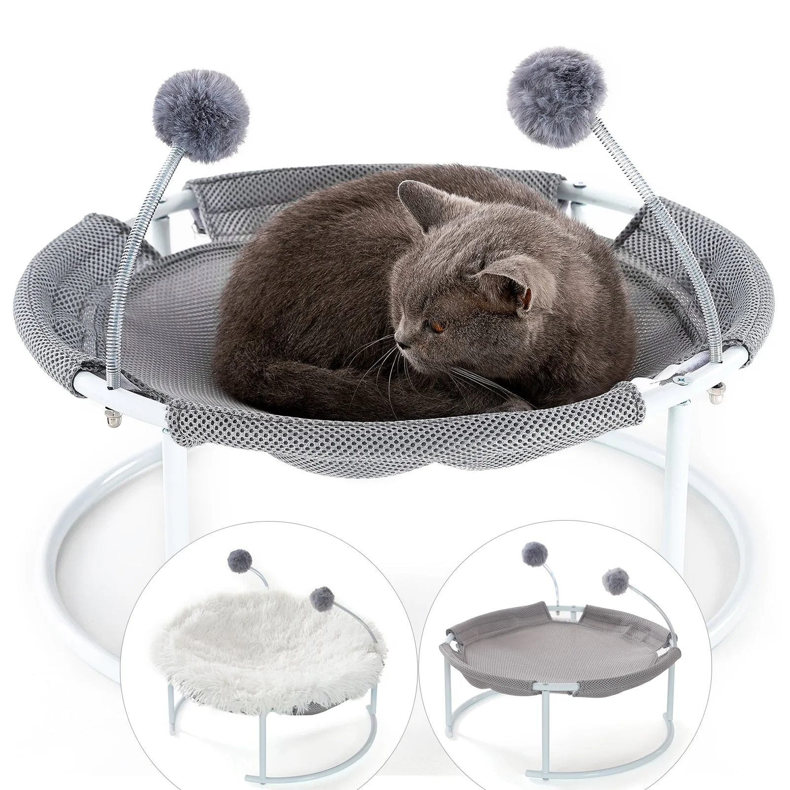 Cat Hammock Bed: Elevated & Breathable for Cats and Small Dogs - Includes Plush Mat & Toy Ball for Indoor/Outdoor Use (Gray)