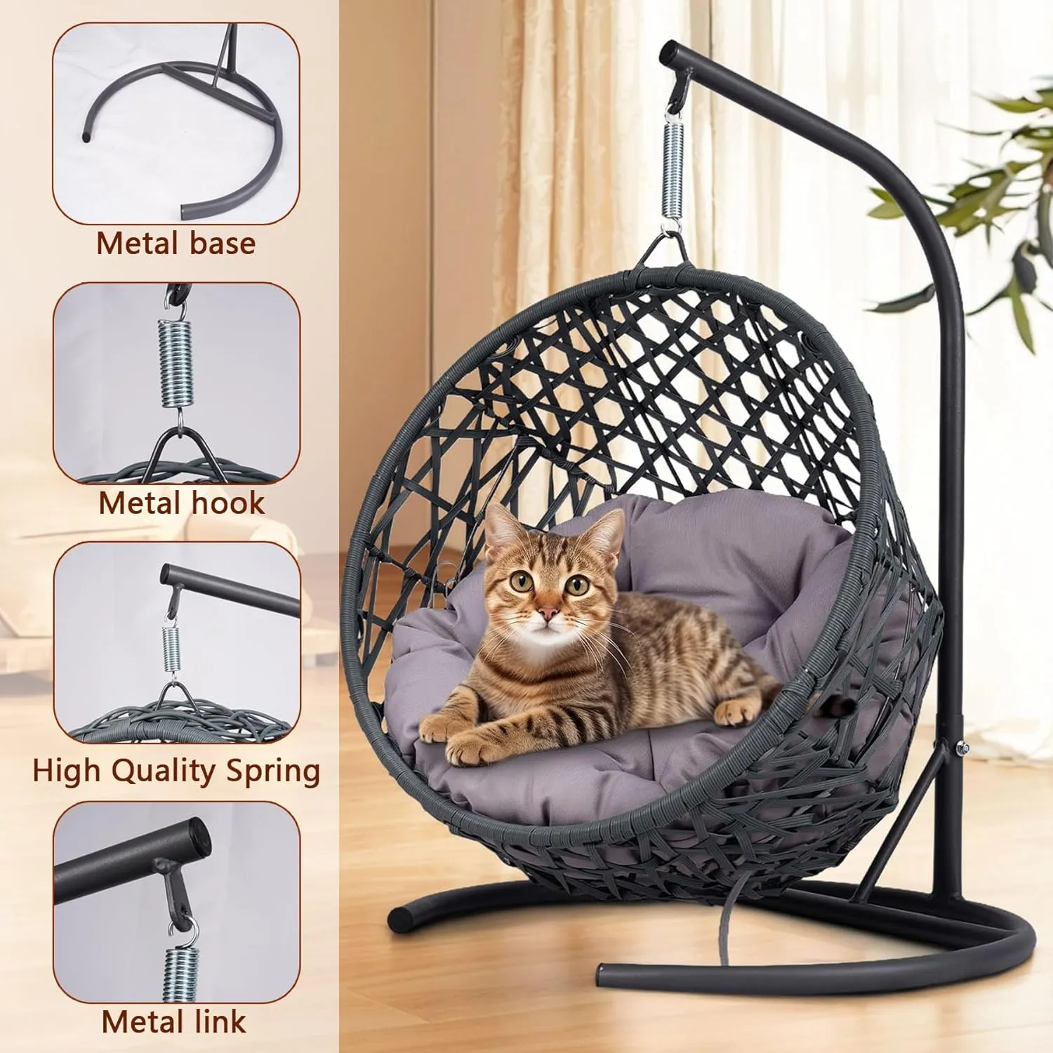Cat Swing Bed with Stand & Cushion Indoor Outdoor, Egg Chair with Rattan Wicker Appearance, Indoor Hanging Swinging Hammocks for Cat, Dogs, and Small Animals Bedroom Porch (Gray-2)