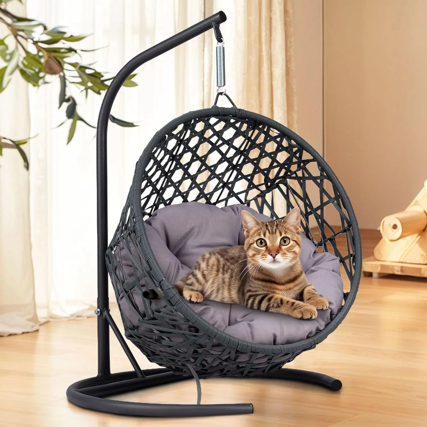 Cat Swing Bed with Stand & Cushion Indoor Outdoor, Egg Chair with Rattan Wicker Appearance, Indoor Hanging Swinging Hammocks for Cat, Dogs, and Small Animals Bedroom Porch (Gray-2)