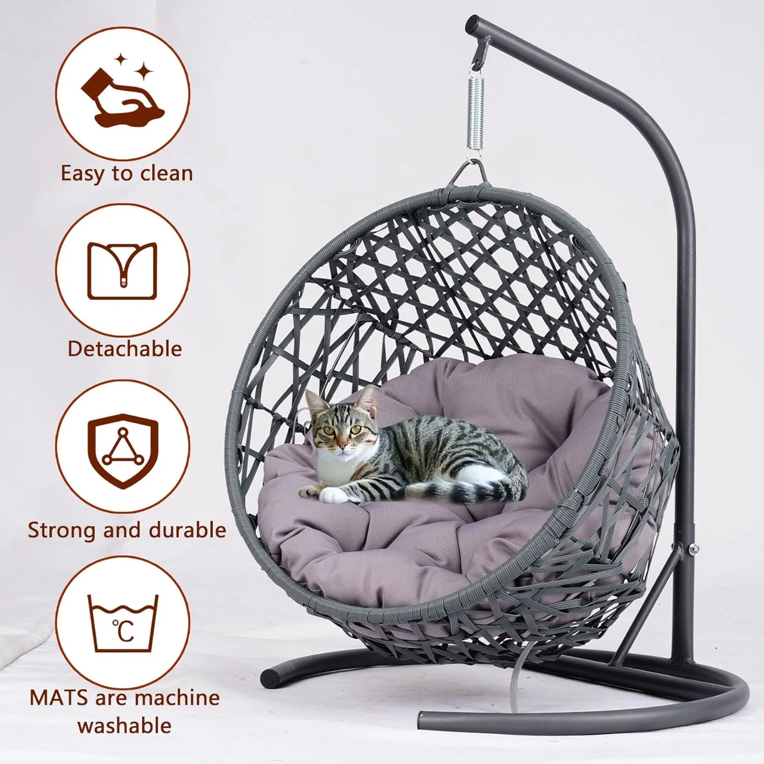 Cat Swing Bed with Stand & Cushion Indoor Outdoor, Egg Chair with Rattan Wicker Appearance, Indoor Hanging Swinging Hammocks for Cat, Dogs, and Small Animals Bedroom Porch (Gray-2)