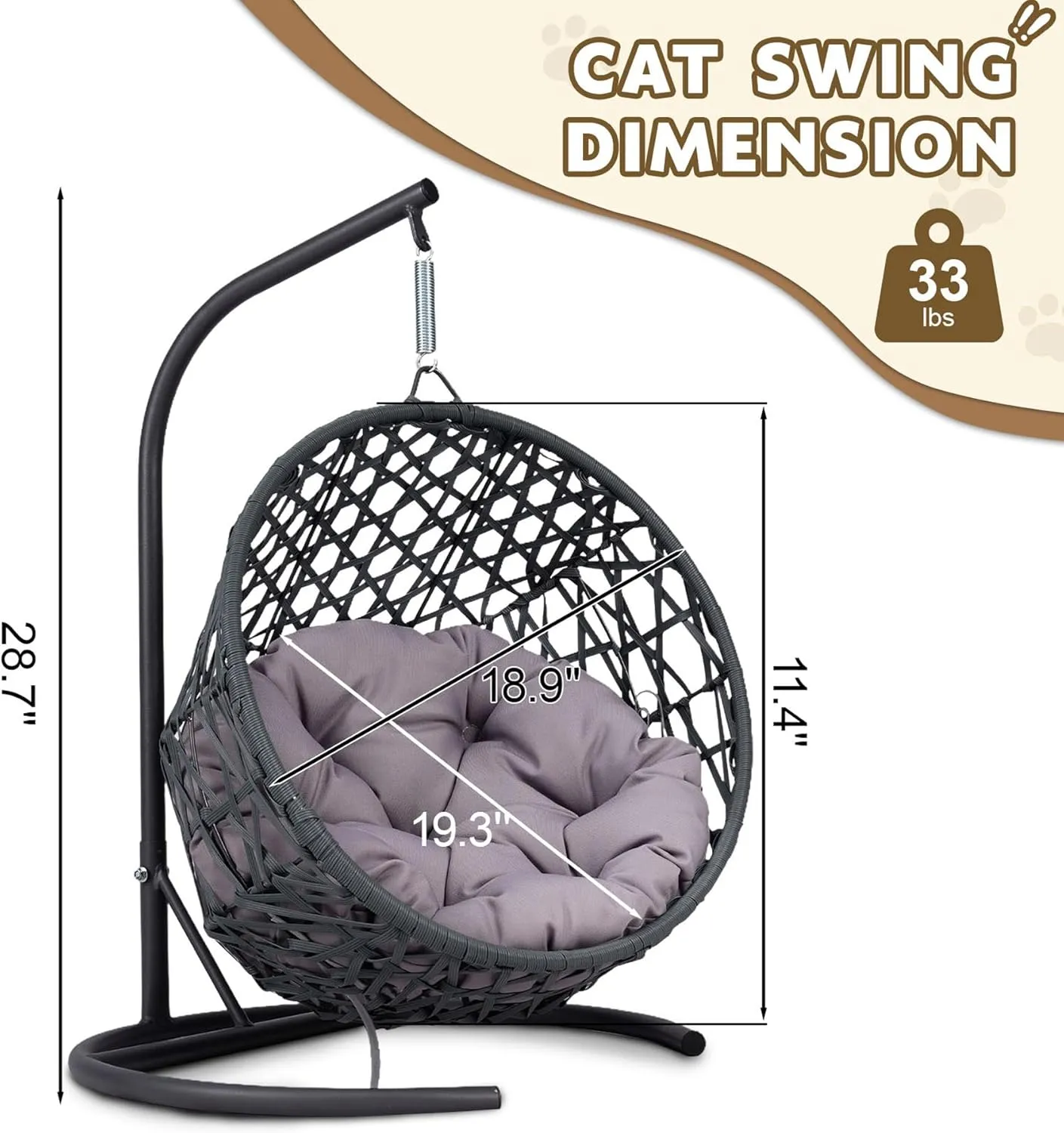 Cat Swing Bed with Stand & Cushion Indoor Outdoor, Egg Chair with Rattan Wicker Appearance, Indoor Hanging Swinging Hammocks for Cat, Dogs, and Small Animals Bedroom Porch (Gray-2)