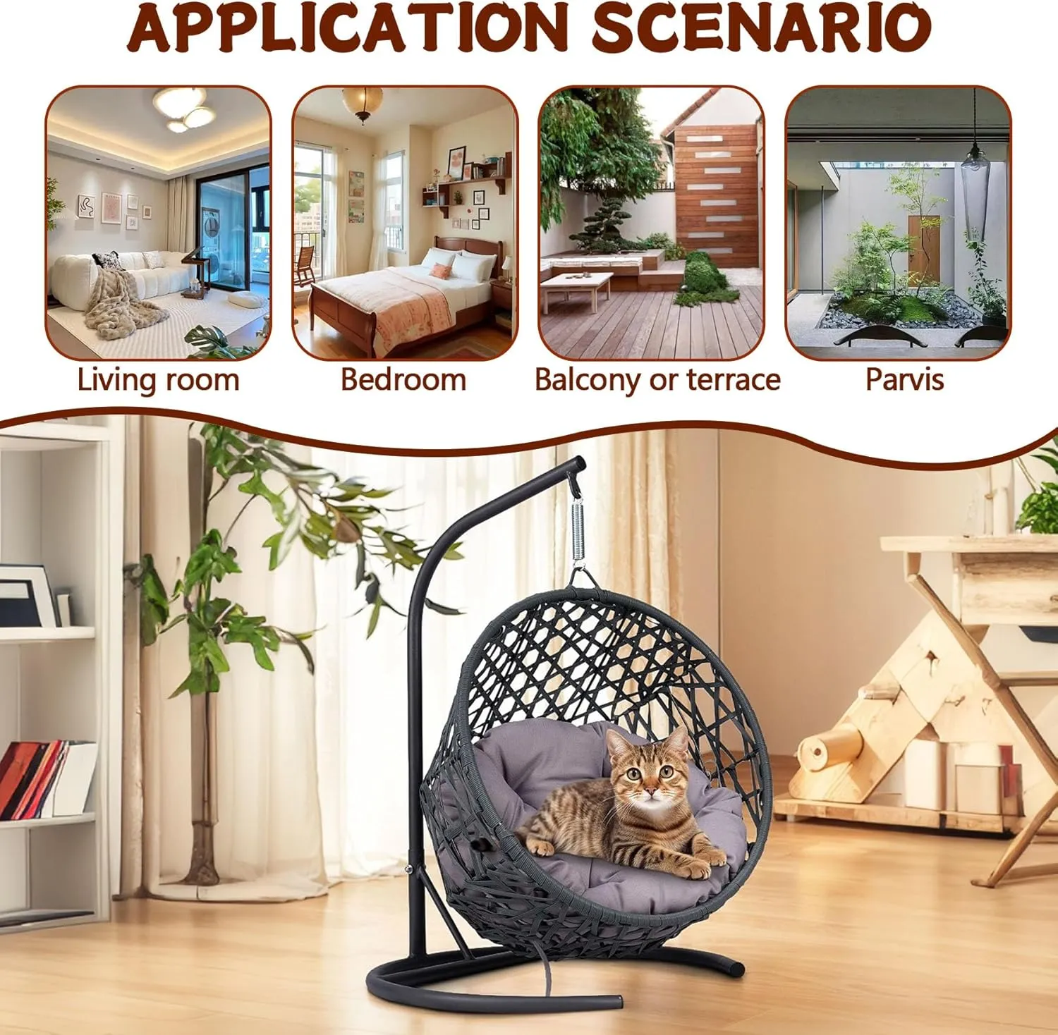 Cat Swing Bed with Stand & Cushion Indoor Outdoor, Egg Chair with Rattan Wicker Appearance, Indoor Hanging Swinging Hammocks for Cat, Dogs, and Small Animals Bedroom Porch (Gray-2)