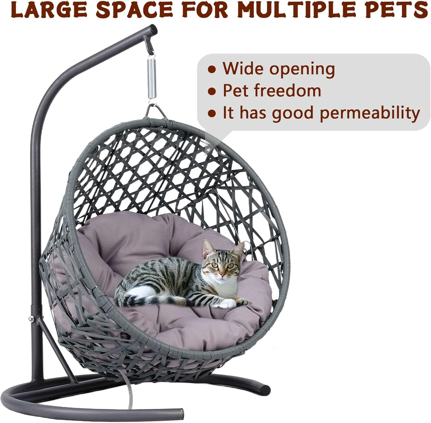 Cat Swing Bed with Stand & Cushion Indoor Outdoor, Egg Chair with Rattan Wicker Appearance, Indoor Hanging Swinging Hammocks for Cat, Dogs, and Small Animals Bedroom Porch (Gray-2)