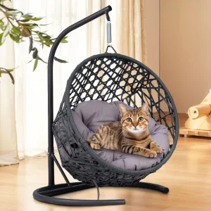 Cat Swing Bed with Stand & Cushion Indoor Outdoor, Egg Chair with Rattan Wicker Appearance, Indoor Hanging Swinging Hammocks for Cat, Dogs, and Small Animals Bedroom Porch (Gray-2)