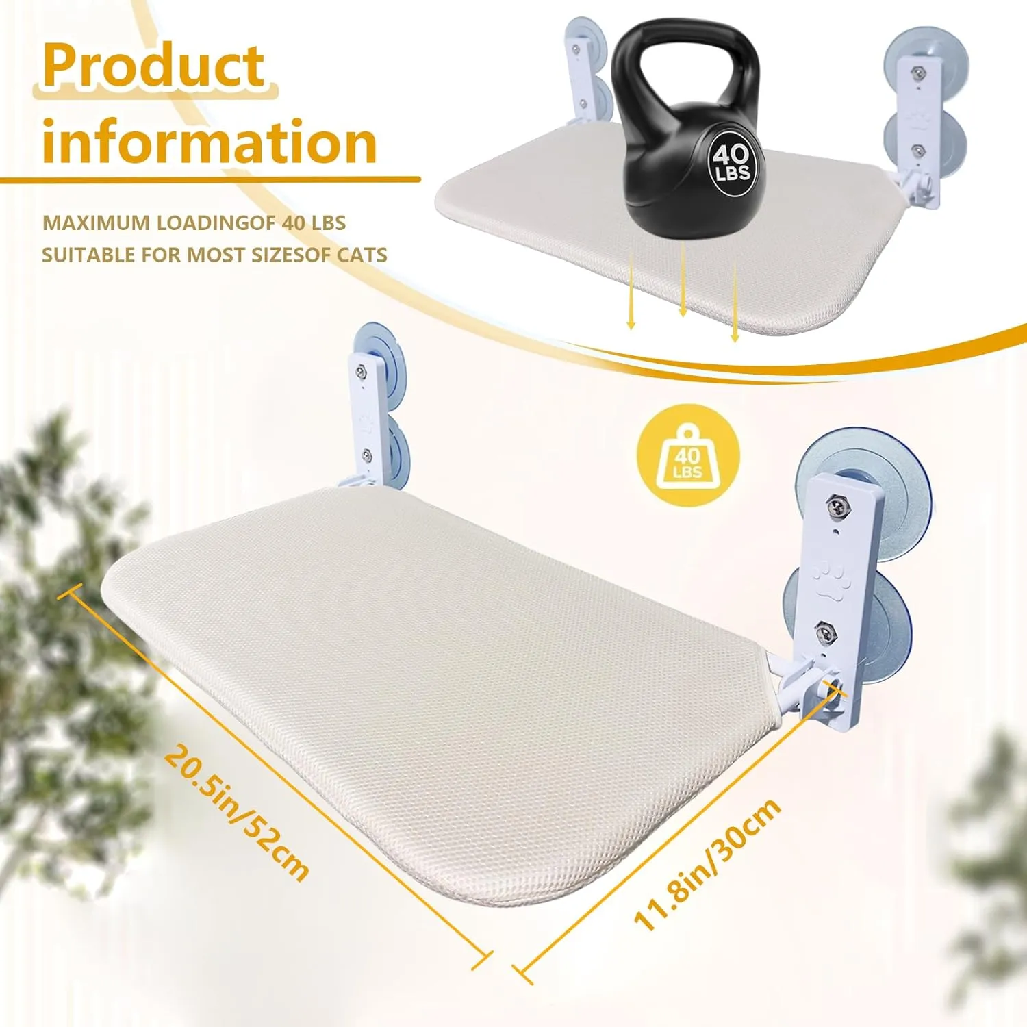 Cat Window Perch Seat Hammock, Foldable Hammock with 4 Strong Suction Cups, Easy to Assemble and Cat Wand,Cream
