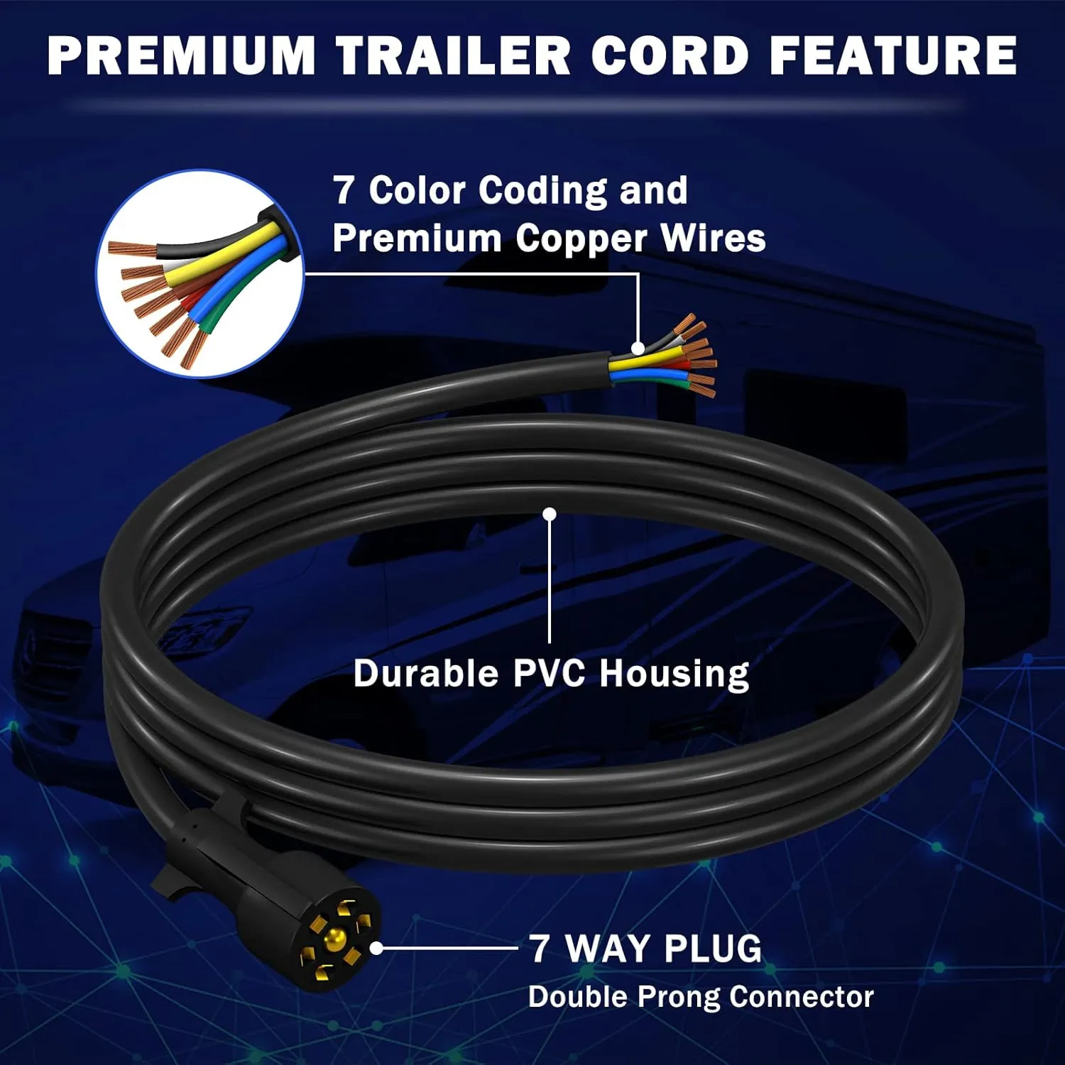 CheeMuii 7 Way Trailer Cord Heavy Duty 8 FT Trailer Wiring Harness Kit 7 Pin Trailer Plug Inline Wire Harness Cable for Trailers RVs Campers