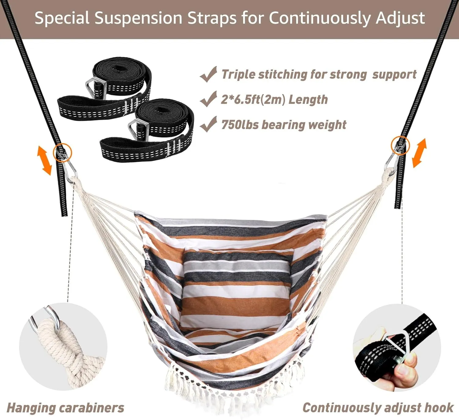 Chihee Hammock Chair Hanging Swing 2 Pillows Included,Strong Webbing Straps and Hooks for Easy Hanging Soft Cotton Hanging Chair Side Pocket Tassel Chair Comfort Indoor Outdoor Brown Stripes