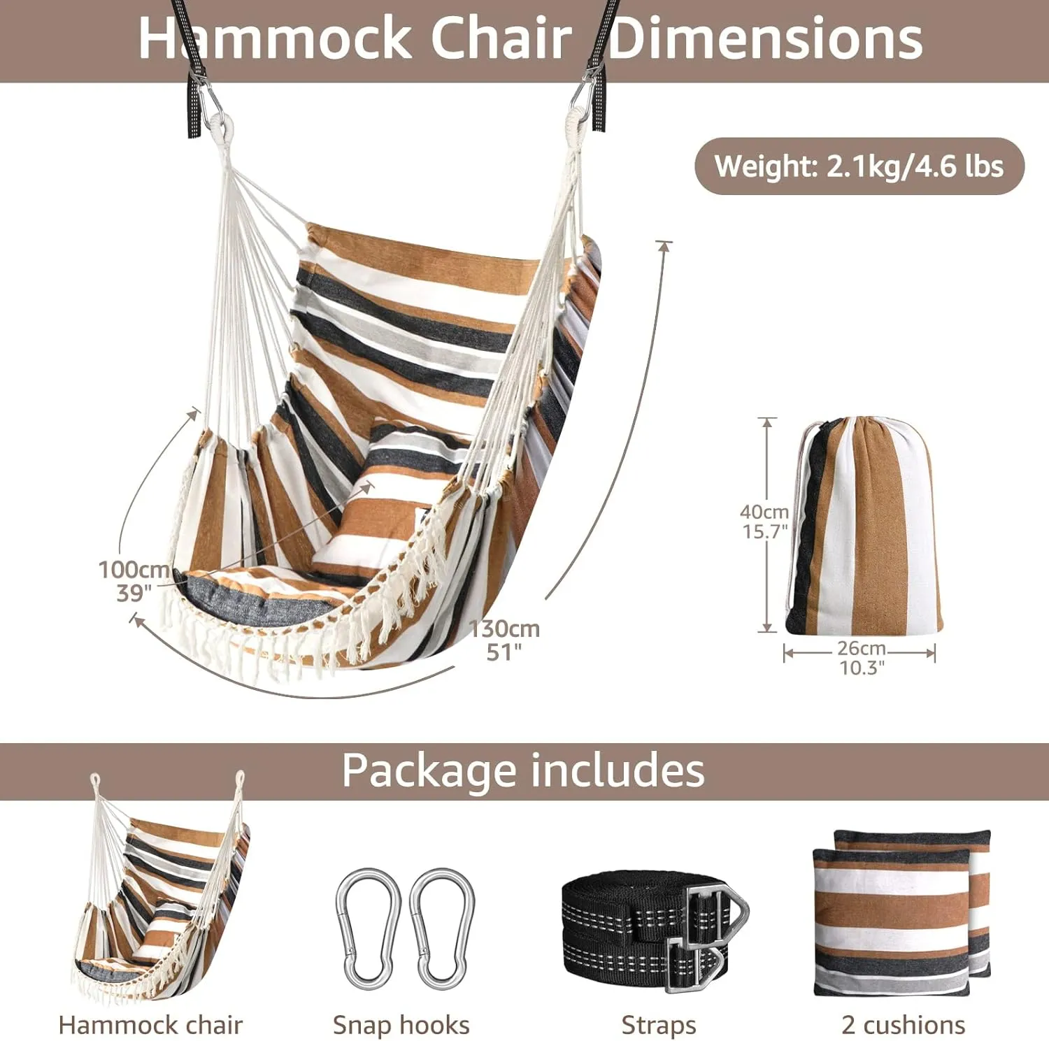 Chihee Hammock Chair Hanging Swing 2 Pillows Included,Strong Webbing Straps and Hooks for Easy Hanging Soft Cotton Hanging Chair Side Pocket Tassel Chair Comfort Indoor Outdoor Brown Stripes