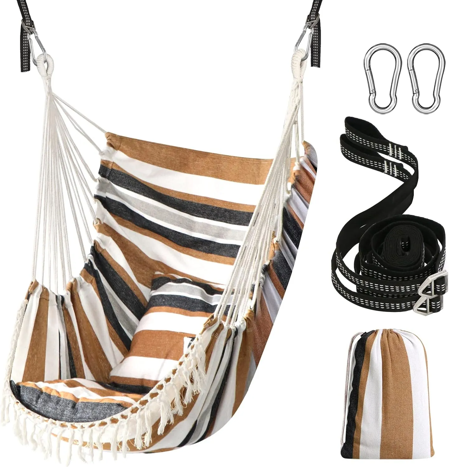 Chihee Hammock Chair Hanging Swing 2 Pillows Included,Strong Webbing Straps and Hooks for Easy Hanging Soft Cotton Hanging Chair Side Pocket Tassel Chair Comfort Indoor Outdoor Brown Stripes